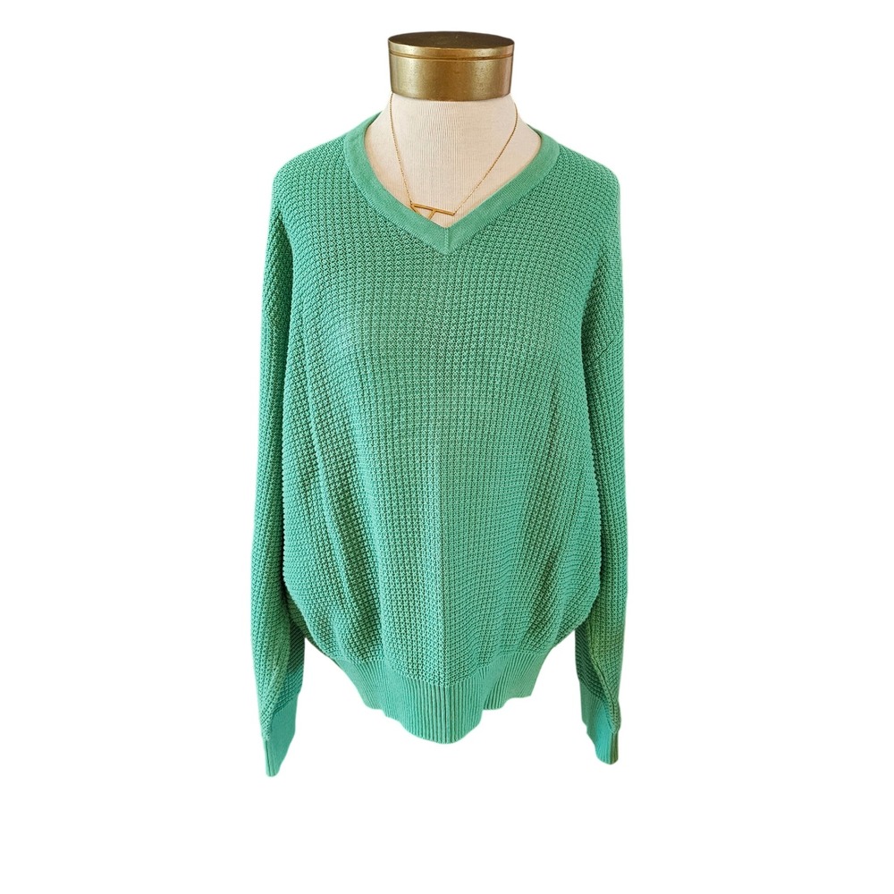 St. Croix Mens Mint Green Waffle Knit V-Neck Sweater Made in USA Size M